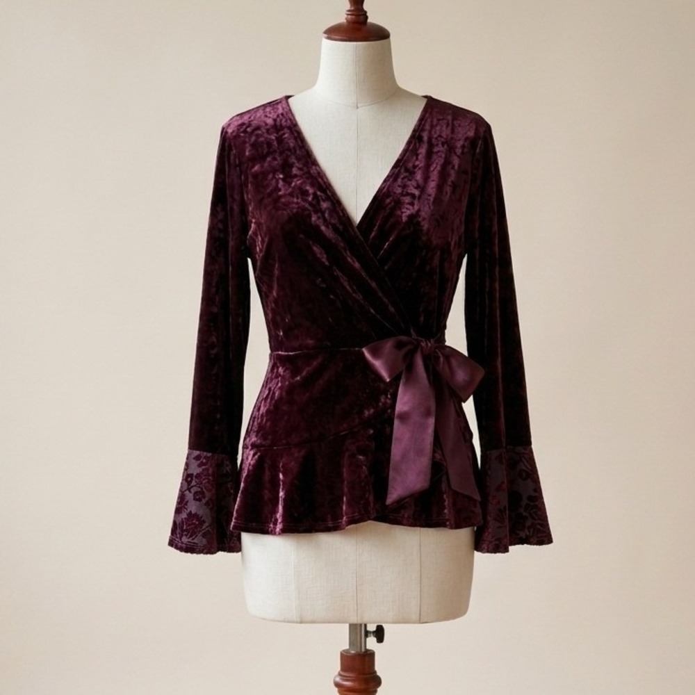 Spense Brown Crushed Velvet Wrap Top Bell Sleeve Burnout Y2K Fairy Whimsigoth L